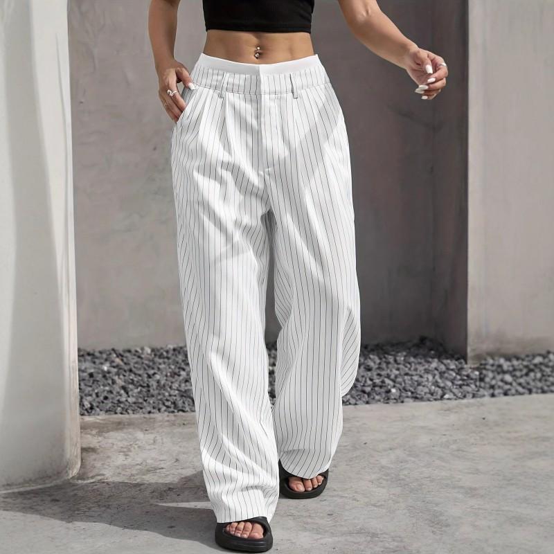 High-Waisted Wide-Leg Striped Trousers Women Office Chic Straight Cut Pants With Pockets Lightweight Stretch Fit