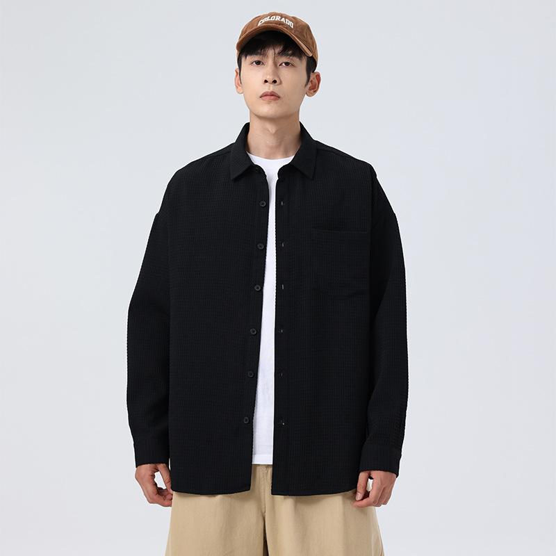 Men's Casual Waffle Knit Long Sleeve Button Down Shirt with Chest Pocket