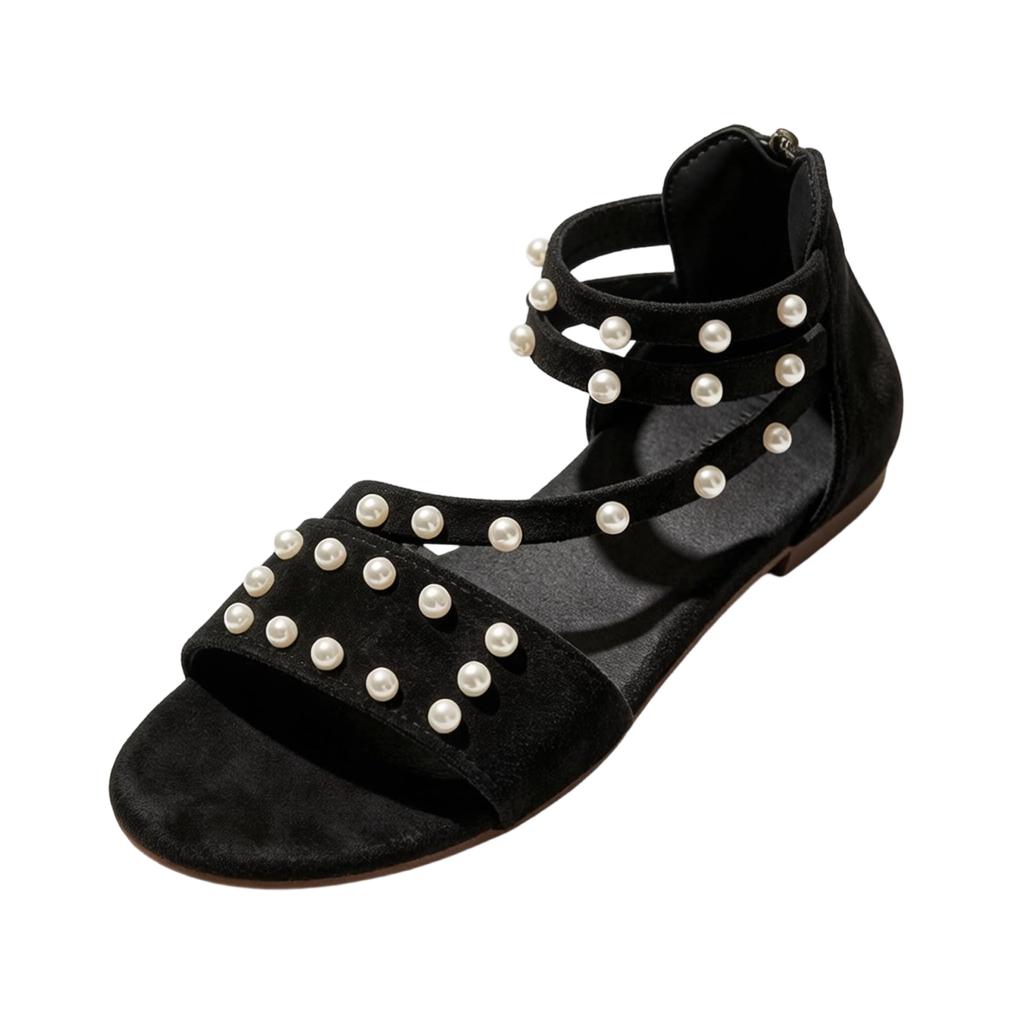 Women's Flat Sandals with Ankle Tie Straps and Pearl Embellishments Vintage Style Open Toe Summer Footwear for Casual Wear