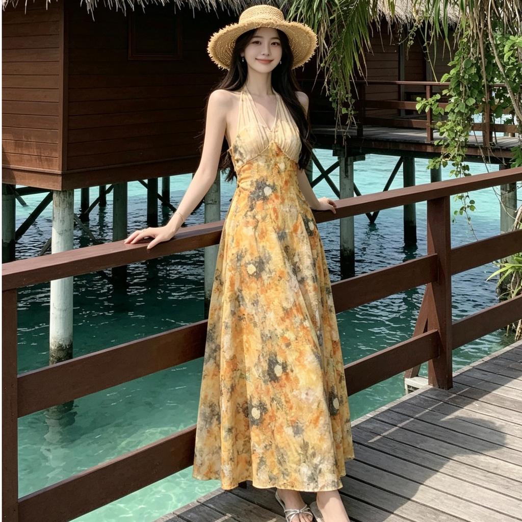 Celebrity Gentle Garden Yellow Neck Dress Oil Painting Dress Dopamine Island Bright Beach Seaside Vacation