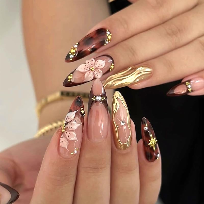 Pink French Tip Press on Nails Medium Almond Fake Nails with 3D Flower Designs Glossy Acrylic False Nails Golden Bead Artificial Glue on Nail