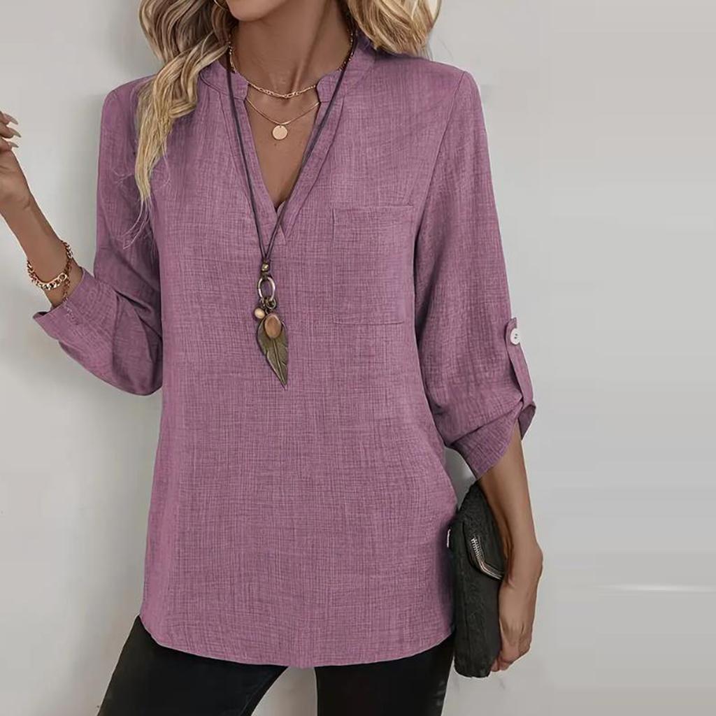 Women's Fashionable Casual Loose V-neck Solid Color Shirt