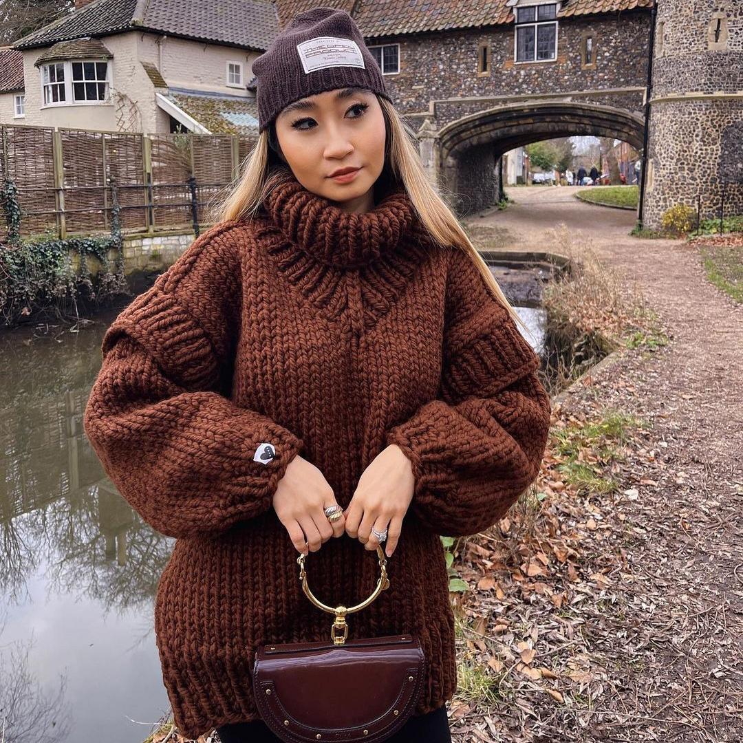 

Осень-зима Винтажный свободный топ с длинными рукавами Однотонный пуловер Трикотажная одежда Свитер с воротником-стойкой XL коричневый