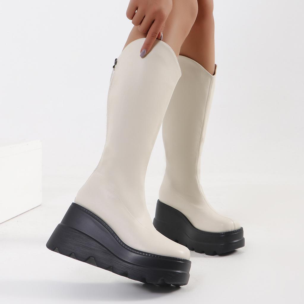 Fashion Fashionable High Quality Women New Modern Mid-calf Boot  Riding Boots Platform Round Toe Black White  Big Size 43 Street Boots