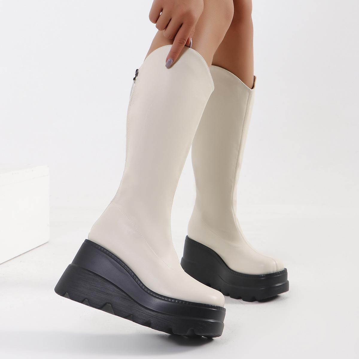 

Мода Модный Высокое Качество Женские Новые Современные Сапоги до середины икры Сапоги для верховой езды Платформа Круглый носок Черный Белый Большой размер 43 Уличные сапоги 36