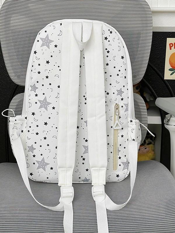 Nylon Girl Backpack With Star Print And Moon Pendant For Casual Travel