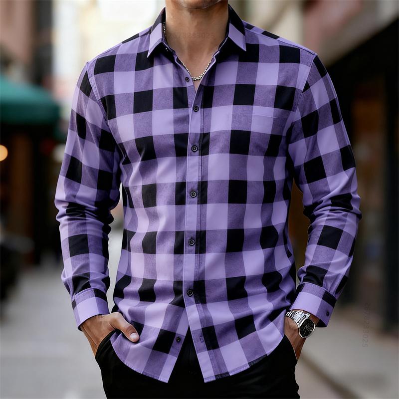 Men's Classic Red and Black Plaid Long-Sleeved Shirt, Available in Multiple Colors, Casual Retro Outdoor Casual Fashion Shirt