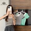 Summer New All-match Striped Square Collar Slim-fit Sweater Short-sleeved Women's Top Fashion Casual T-shirt