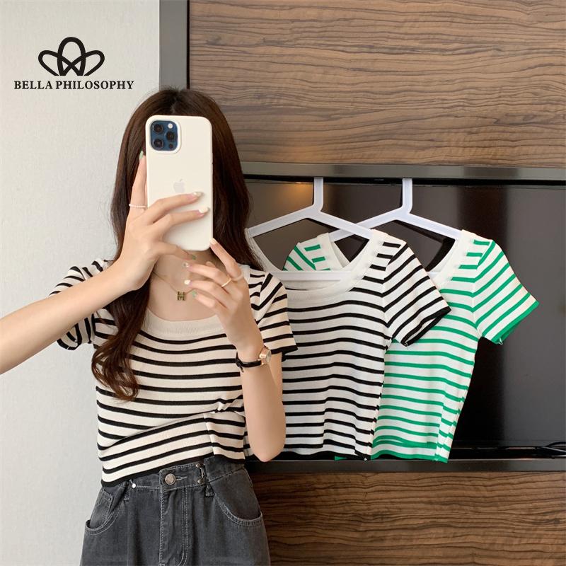 Summer New All-match Striped Square Collar Slim-fit Sweater Short-sleeved Women's Top Fashion Casual T-shirt