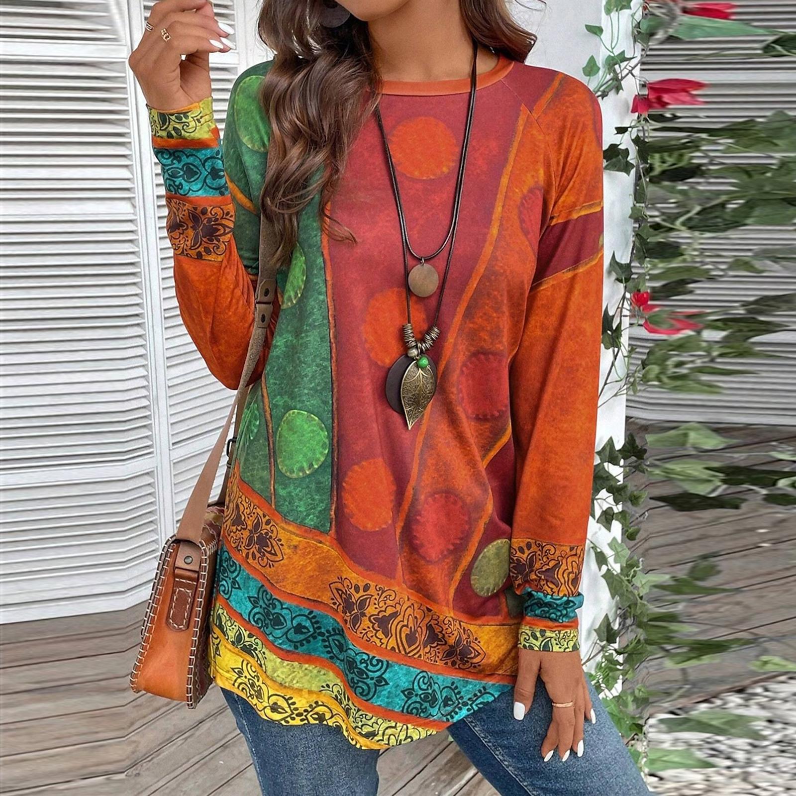 

Женская повседневная футболка большого размера с длинными рукавами и круглым вырезом, винтажный этнический принт, топ-пуловер L винный