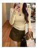 Women's Slim-Fit Ballet Style Grey Square Neck Lace Splicing Long Sleeve Base Layer Top for Autumn and Winter