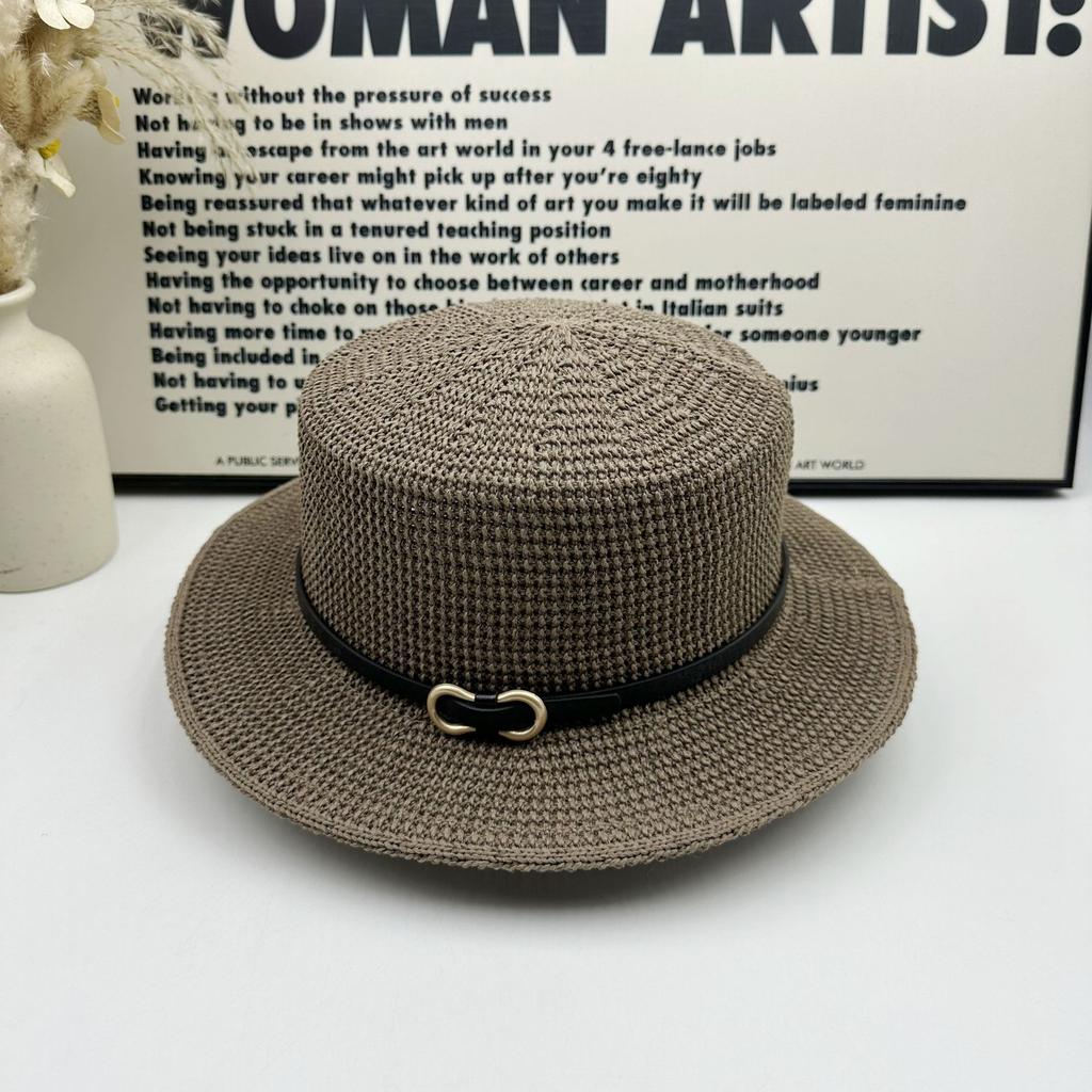 ins wind knitted Panama hat metal buckle belt decorative flat top top hat spring and summer sun protection breathable lady jazz hat