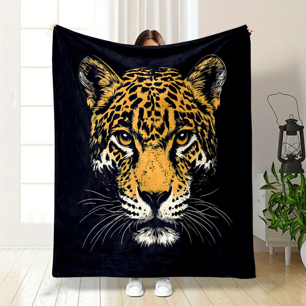 Leopard Face Art on Black Background Patterned blanket, flannel, suitable for all seasons, home decor, warm and cozy
