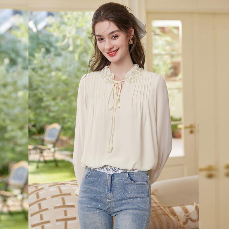 Women's Elegant Lace Beaded Long Sleeve Blouse