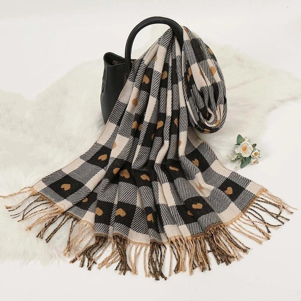 Warmer Plaid Knitted Scarf Long Tassel Shawl Large Heart Thickened Scarf  Winter