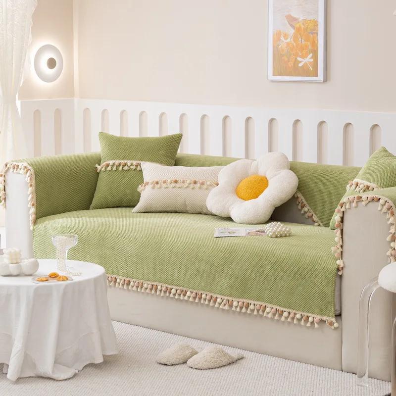 New Corduroy Braid Sofa Cushion Four Seasons Universal Tassel Ball Simplicity Non-slip Sofa Cover Cushion Solid Color Sofa Cover