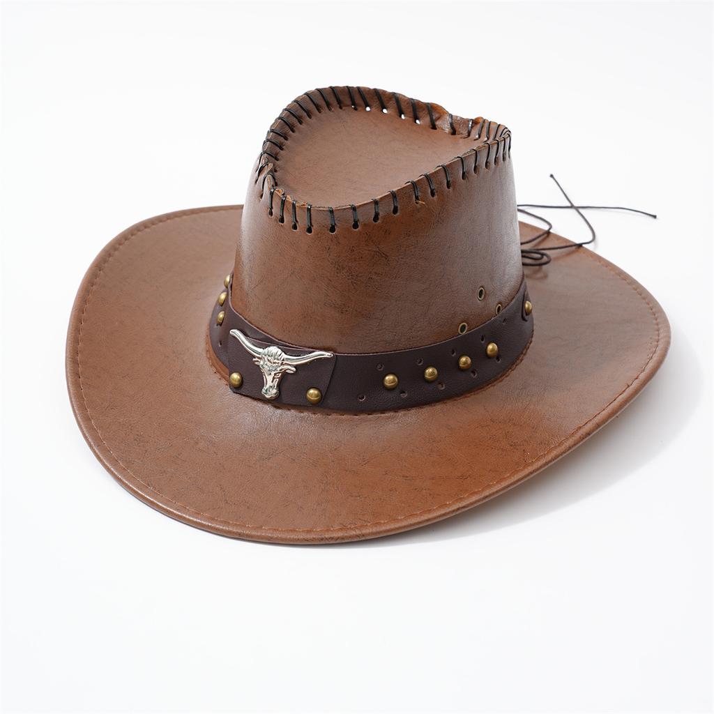 New Unisex PU Leather Wide Brim Gift Hat  Bull Head Belt Hat Strap Suitable for Hiking And Mountain Climbing Denim
