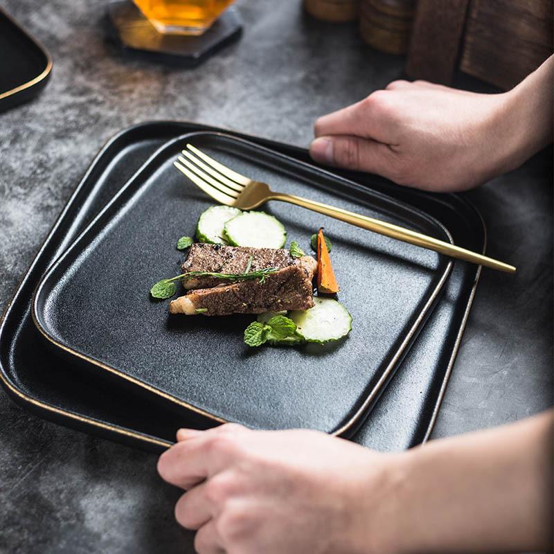 Japanese Black Frosted Steak Plate Creative Square Plate Restaurant Western Pasta Plate Commercial Ceramic Dish
