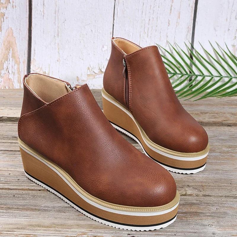 Fashion Ladies Platform Ankle Boots Fashion Autumn and Winter Solid Color Zipper Thick-soled Snow Boots Comfortable Outdoor Short Boots