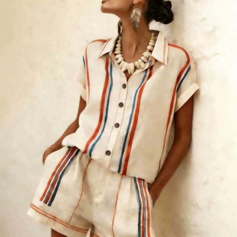 Womens 2026 Color-Block Short Sleeve Collar Shirt Shorts Set Casual Outfit