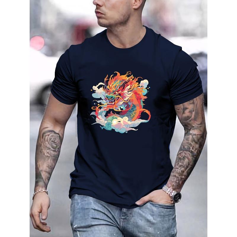 European sizes Stylish Anime Dragon Print Men's T-shirt For Summer Outdoor, New Year Gift For Men