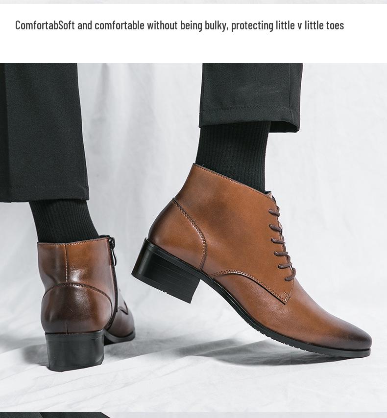 Men's Korean Style Mid-Calf High Heel Leather Boots - Pointed Toe Hairstylist Business Shoes