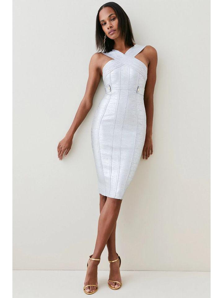 

Элегантное женское вязаное платье-бандаж без спинки с металлической пряжкой с золотым тиснением Small серебряный