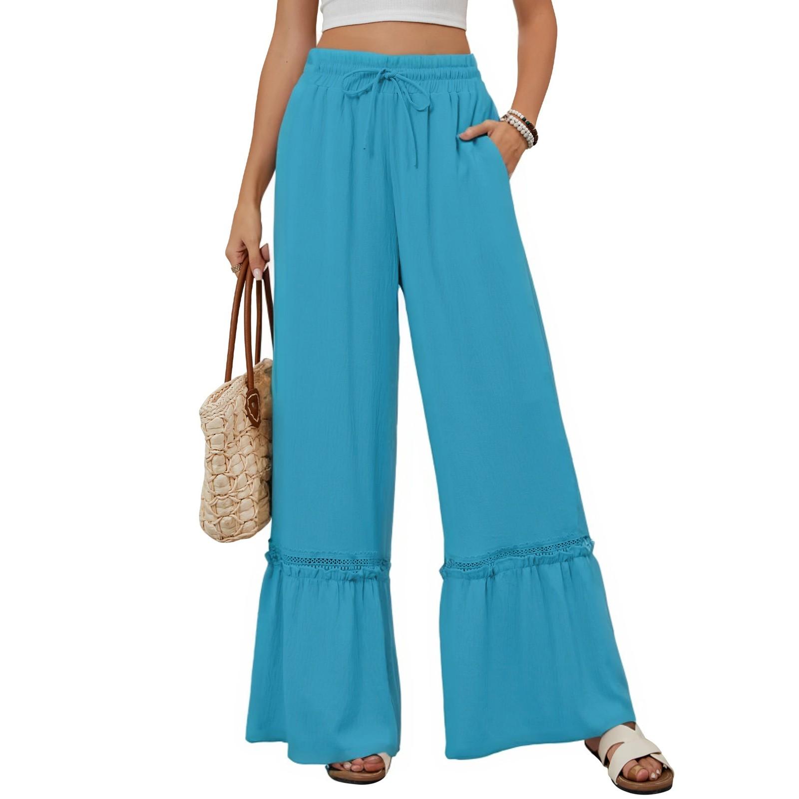 

Брюки для женщин, струящиеся брюки, бохо, высокая талия, широкие брюки, летние пляжные наряды для отпуска XL небесно-голубой