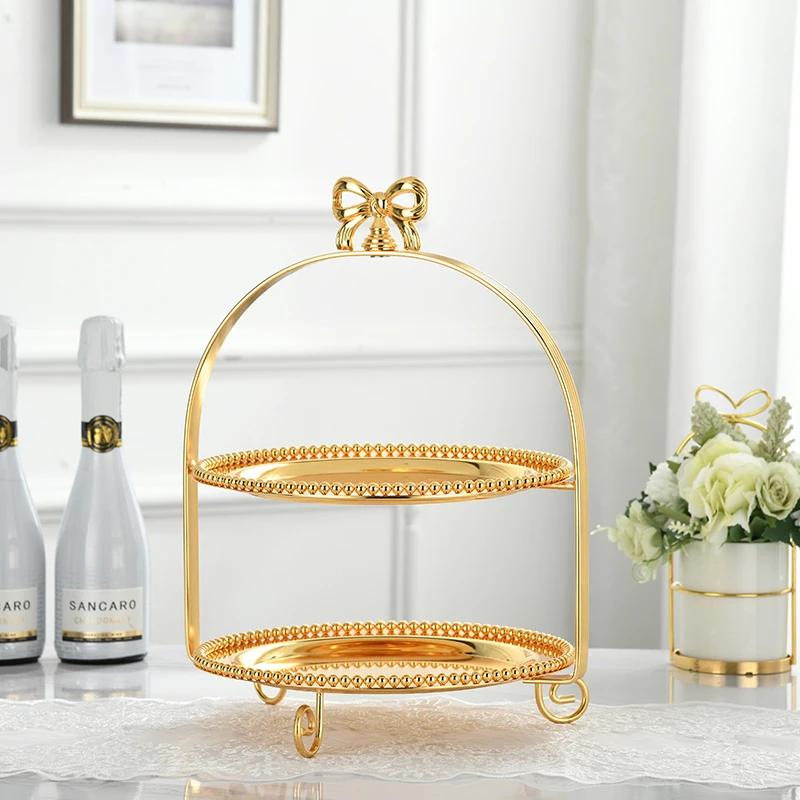 Single Layer Two Layers Three Layers Bow Metal Cake Stand Gold Silver Round Pearl Dessert Cake Pan Fruit Tray Display Stand