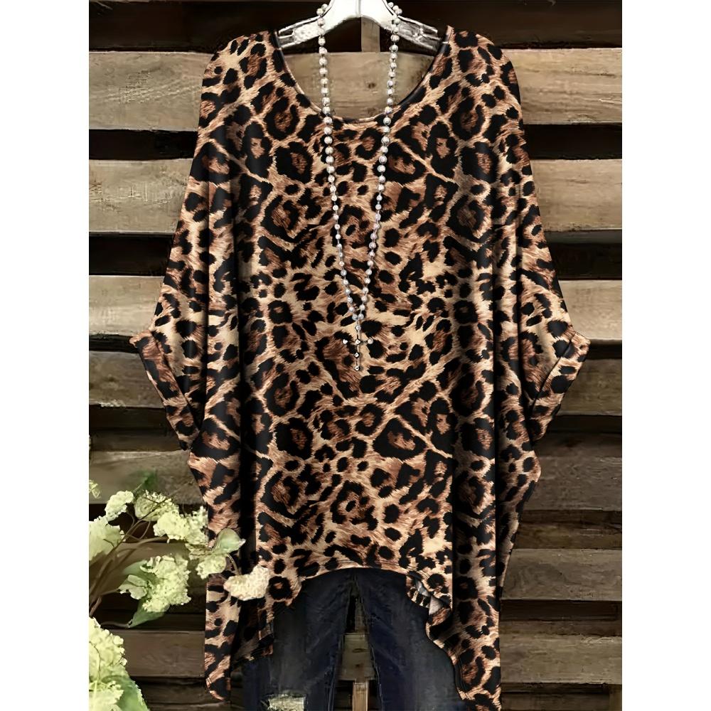 2026 Nueva Camiseta de Mujer Moda Leopardo Estampado 3D Tops Verano Sexy Cuello Redondo Manga Corta Camiseta Calle Casual Holgada Ropa de Mujer