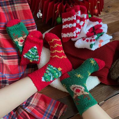 Korallfleece Damen Weihnachtsstrümpfe Mittelhohe Socken für Erwachsene Winter Plüsch Niedlich Damen Dicke Lange Designer Socken
