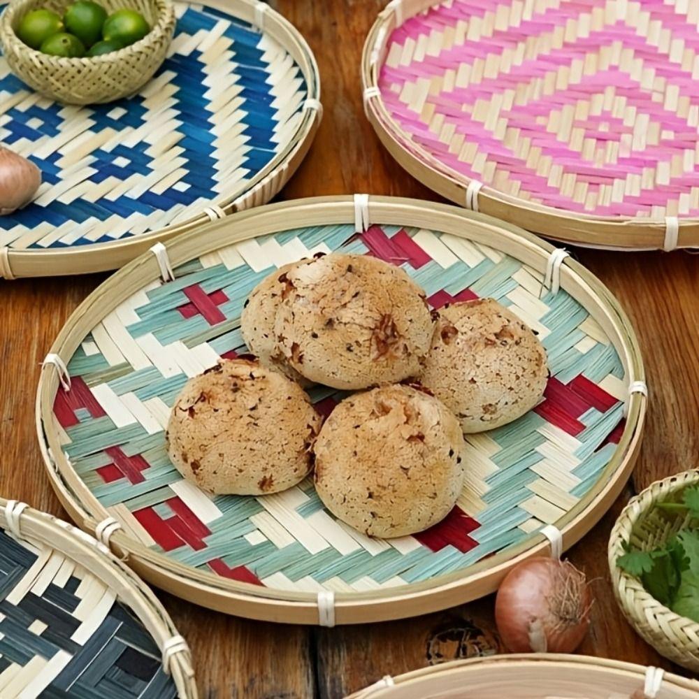 Handwoven Bamboo Winnowing Tray Bohemian Colorful Bamboo Woven Dustpan Plate Wall Decor Storage Basket Bamboo Woven Sieve