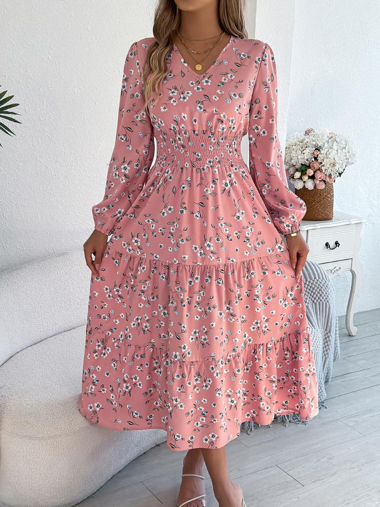 Spring Autumn Casual Woman Dress V Neck Long Sleeve Lotus Leaf Edge Floral Print Long Dress Elegant Women Clothing