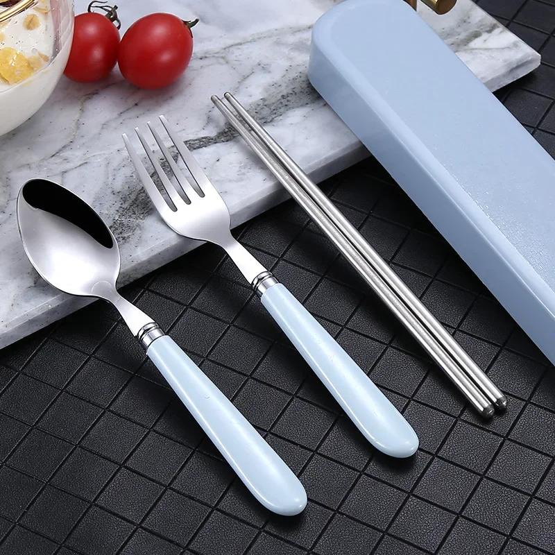 4pcs/set Stainless Steel Portable Fork Spoon Chopsticks Tableware with Storage Box Student Office Worker Cutlery Dinnerware Set