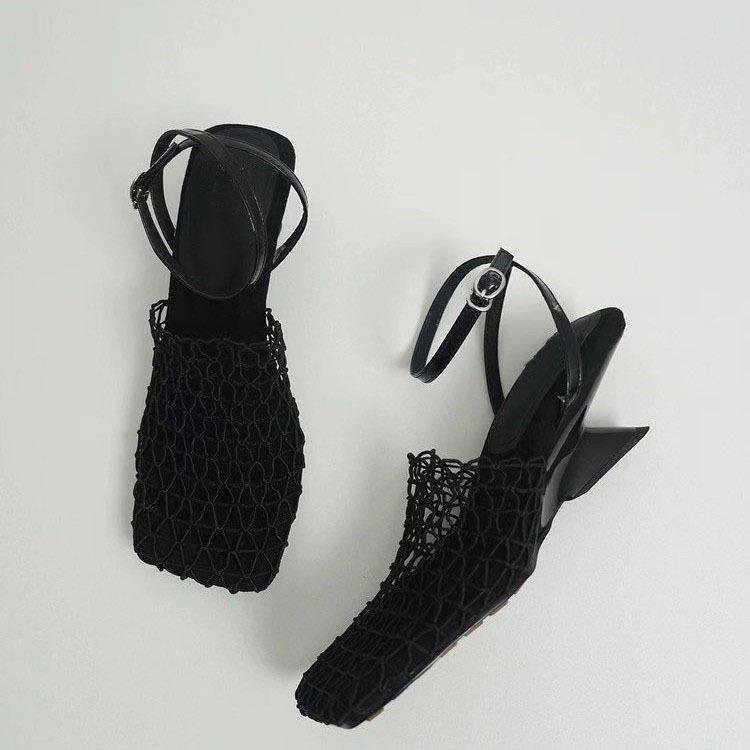 2025 Summer Retro Woven Chunky Heel Square Toe Women's High Heel Sandals
