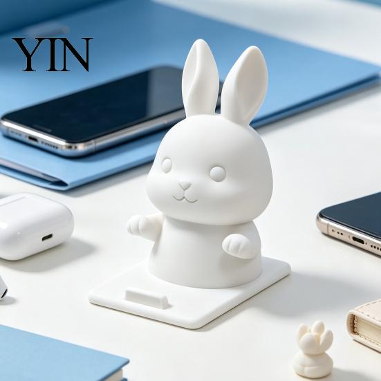 White Rabbit Cell Phone Dock Cute Bunny Holder, 3D Printed Animal Mobile Stand, Stable Smartphone Support for Watching Movies Desktop Holder