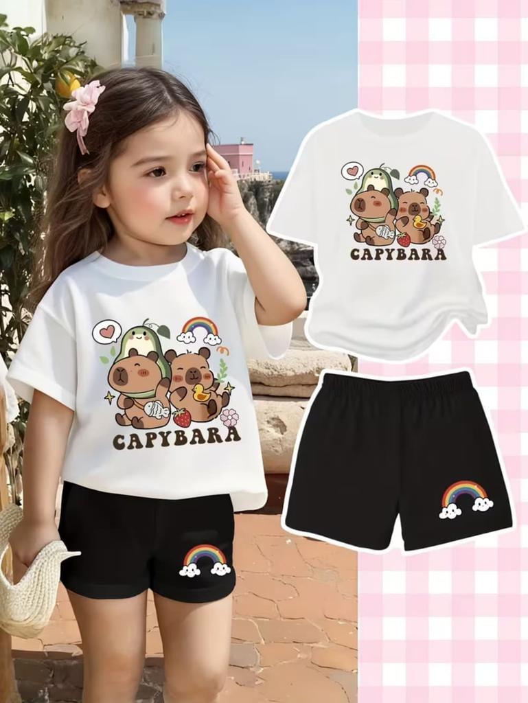 Cartoon Capybara Funny Print Boy Girls Short Sleeved T-Shirt Casual Shorts Children's Set Summer Casual Suit 2 Piece Tracksuits