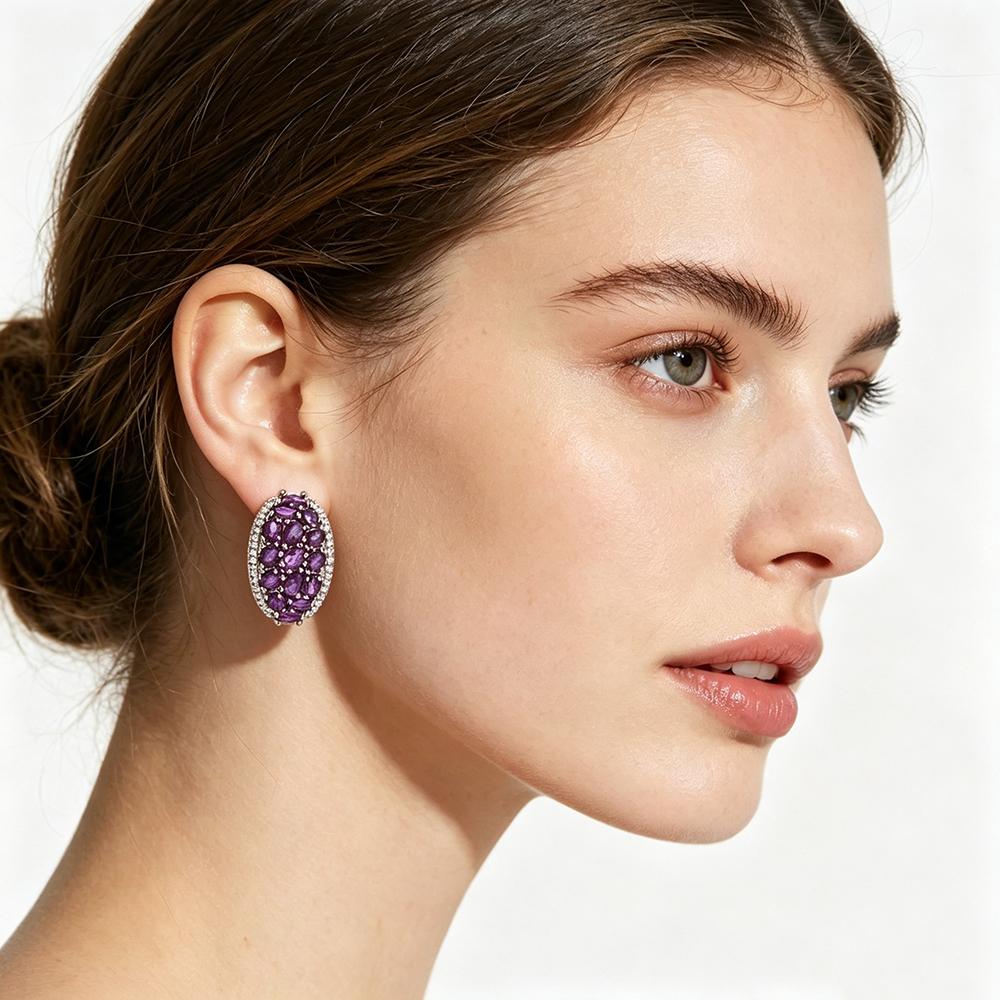 Exquisite 925 Sterling Silver Earrings Natural Amethyst Gemstones Light Luxury Fine Jewelry for Women's Banquet Gifts