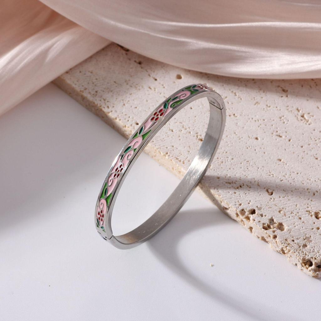 18K Electroplated Women's Retro Enamel Drip Oil Titanium Steel Bracelet, 6mm
