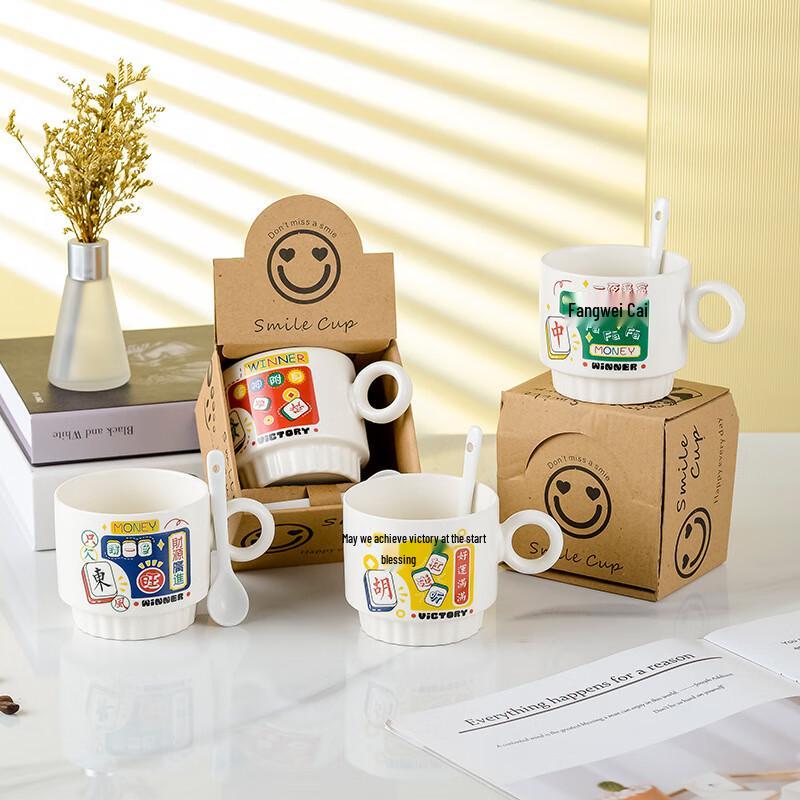 Good Luck Cartoon Ceramic Mug Set with Spoons