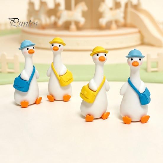 Cute Duck Figurine 4Pcs Mini Goose Figurines, Miniature Geese Statues with Hat & Bag, Tiny Resin Animal Healing Desktop Ornament Micro Landscape