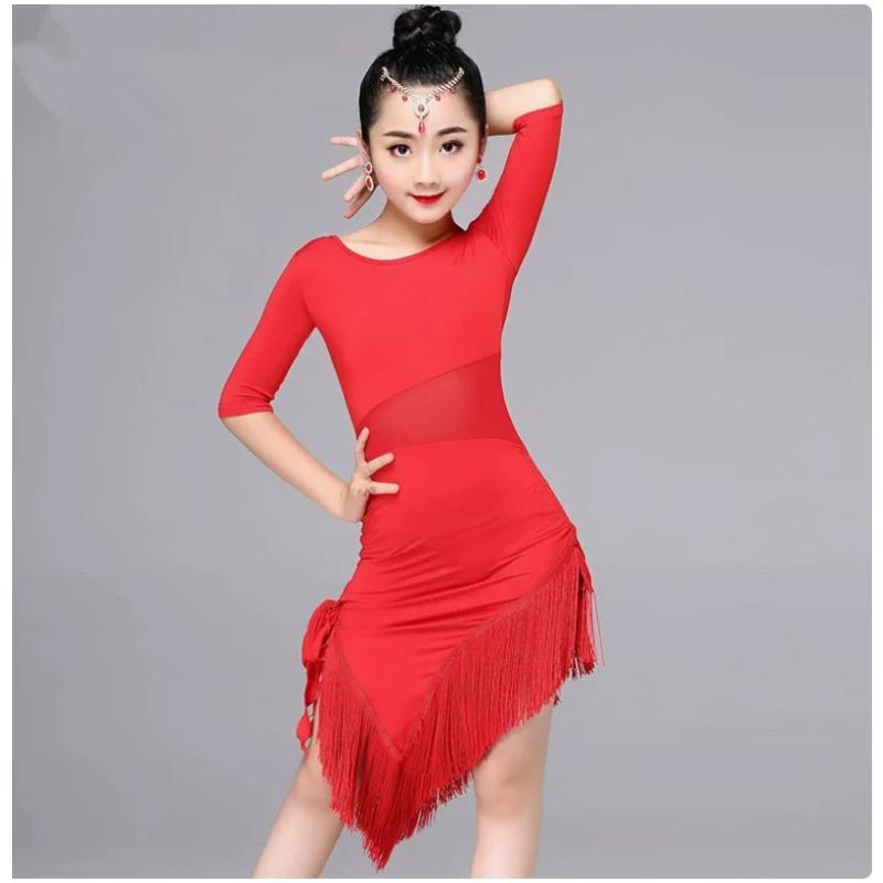 Vestido de Danza Latina para Niñas Vestimenta Latina con Flecos Disfraz de Salsa Negro Rojo Vestidos de Salón Tango