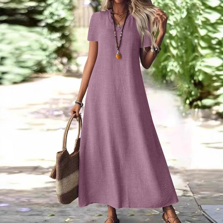 Abito Maxi da Donna con Scollo a V e Maniche Corte alla Caviglia in 12 Colori, Vestibilità Casual Ampia con Borsa a Tracolla