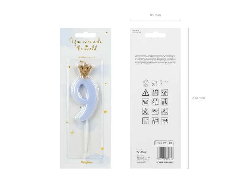 PartyDeco Birthday Candle Number 9 Blue 9.5cm