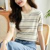 Women's 2026 Striped Ice Silk Knit Top - Summer Slim Fit, Petite, Round Neck, Jacquard Hollow, Short Sleeve.