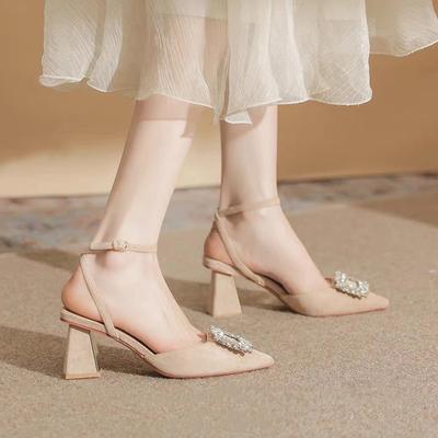 Fashion Ankle Strap Crystal Sandals for Women Pointed Toe High Heels Sandalias De Mujer Shiny Rhinestones Square Heeled Pumps