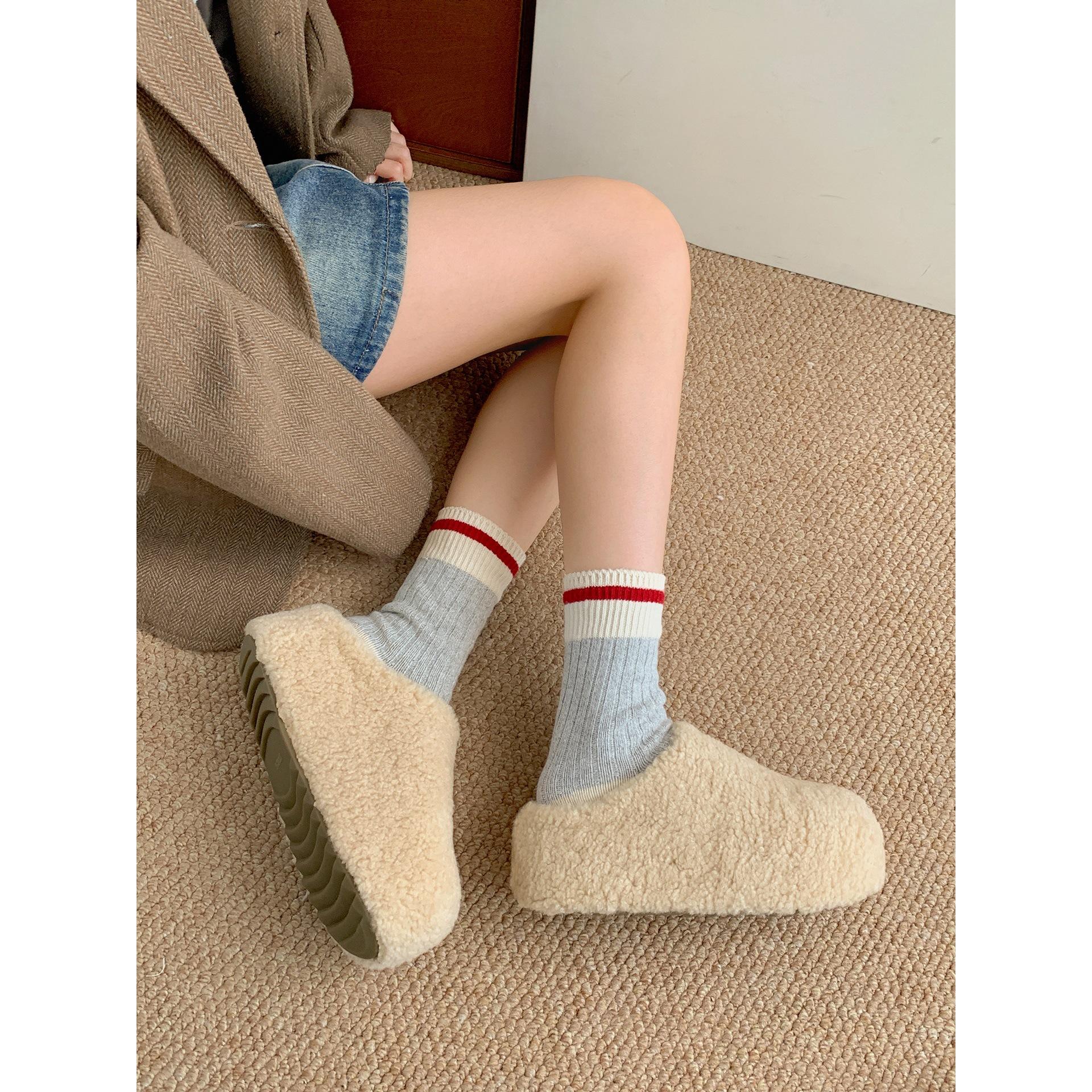 Small retro velvet thickened thick-soled fluffy slippers wear warm and non-slip cotton mop 35