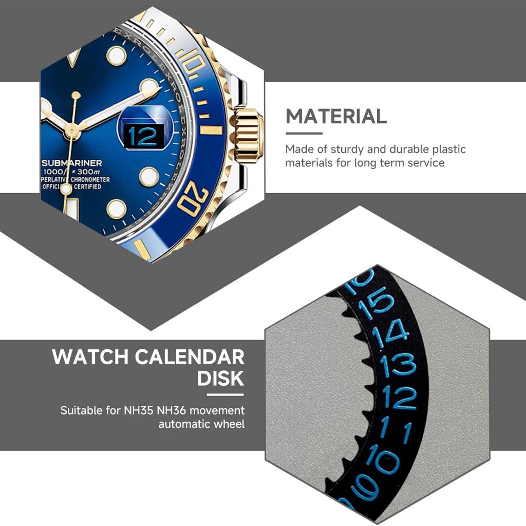 Mod NH35 NH36 Date Dial Fits NH35 NH36 4R Movement At 6.0H At 3.0H Automatic Mechanical Movt Day Date Dial Wheel
