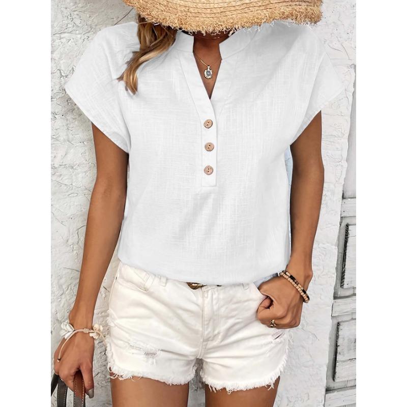 Summer Short Sleeve Loose Women Blouse New V-neck Button Retro Cotton Shirts Office Casual Simple Tops Shir… More