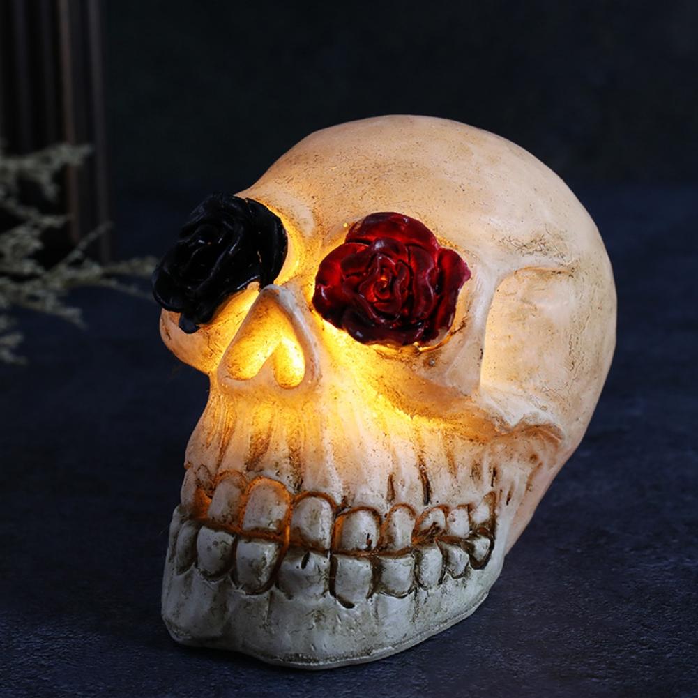 Realistic Human Skull Resin Statue Head Skeleton Ghost Whisper Graveyard of Craniums Figurine Sculpture, Skull with Red Rose